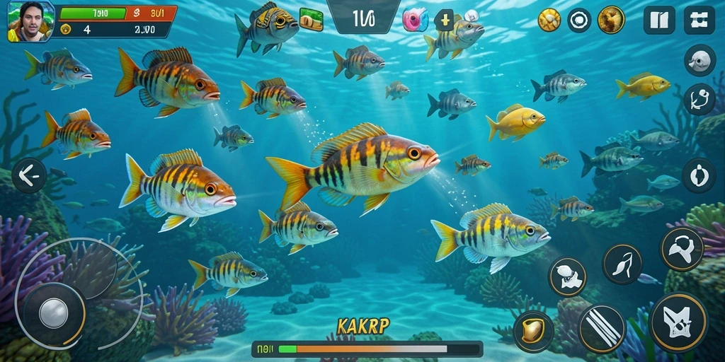 Screenshot utama KAKRP menampilkan aksi seru menembak ikan dalam gameplay yang menarik.