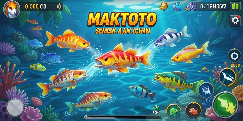 Tangkapan layar gameplay MAKTOTO yang menunjukkan aksi menembak ikan.