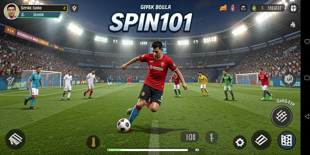 Gameplay SPIN101 menampilkan aksi sepak bola yang mendebarkan.